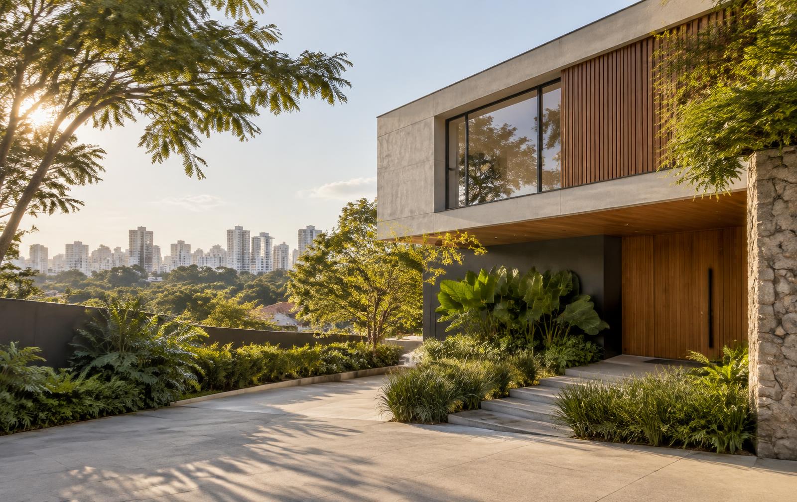 Casa contemporânea cercada por jardins